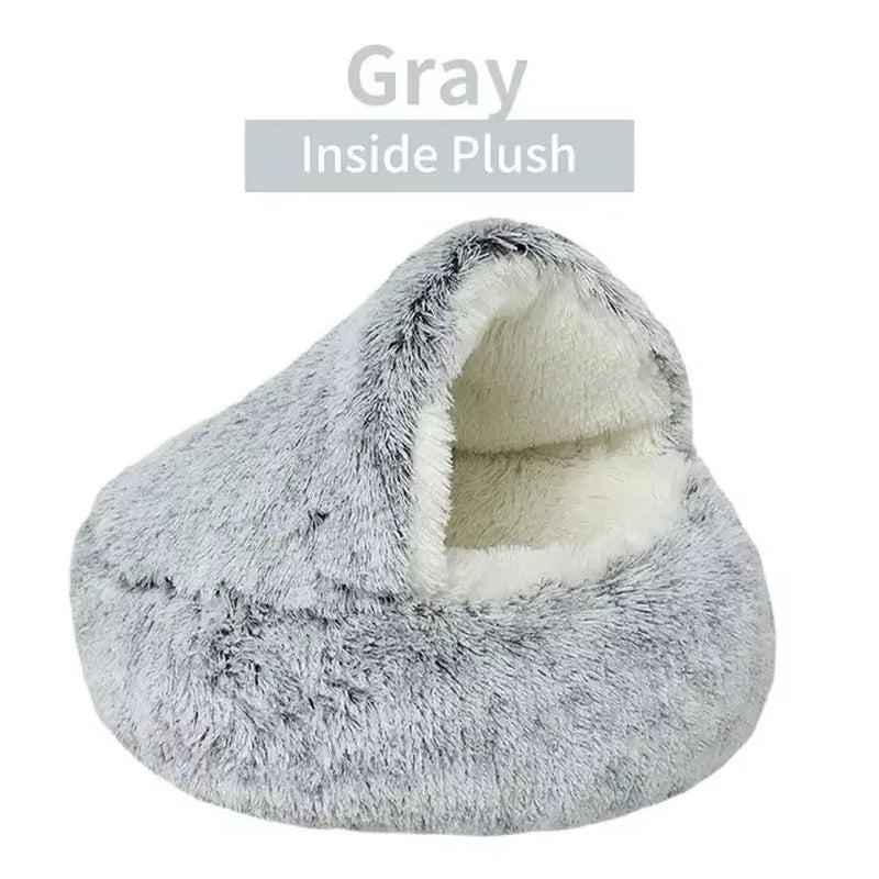 Plush Hooded Pet Bed round Fluffy Soft Cat Bed Pet Cushion Warm Cat Dog 2 in 1 Sleeping Nest Cave for Small Dogs