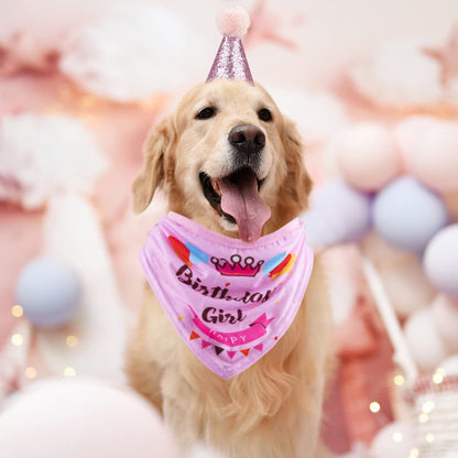 Dog Birthday Party Supplies Bandana Hat Banner Set Boy Girl Cute Bow Tie Scarf Dog Birthday Decorations (Pink，Dog Girl)