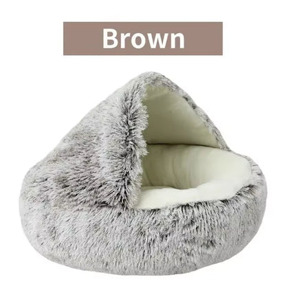 Plush Hooded Pet Bed round Fluffy Soft Cat Bed Pet Cushion Warm Cat Dog 2 in 1 Sleeping Nest Cave for Small Dogs