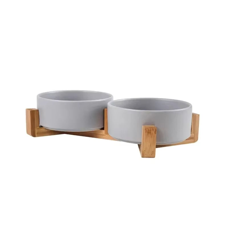 Ceramic Pet Bowl Dish with Wood Stand No Spill Pet Ceramic Double Bowl for Dog Cat Food Water Feeder Cats Small Dogs Pet Bowl