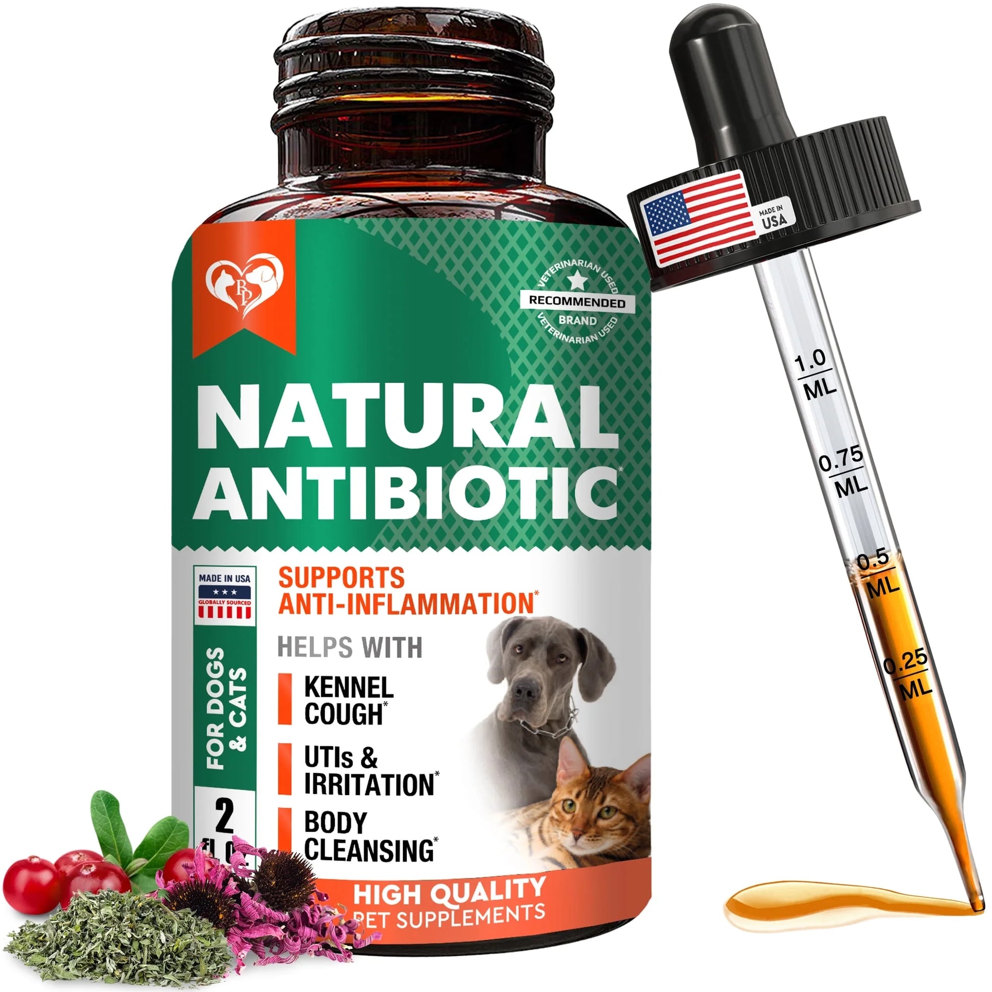 Natural Herbal Antibiotics for Cats and Dogs - Kennel Cough Relief & Urinary Tract Support - Cranberry UTI Treatment Pet Supplement - Respiratory & Cold Infection Medicine - Made in USA