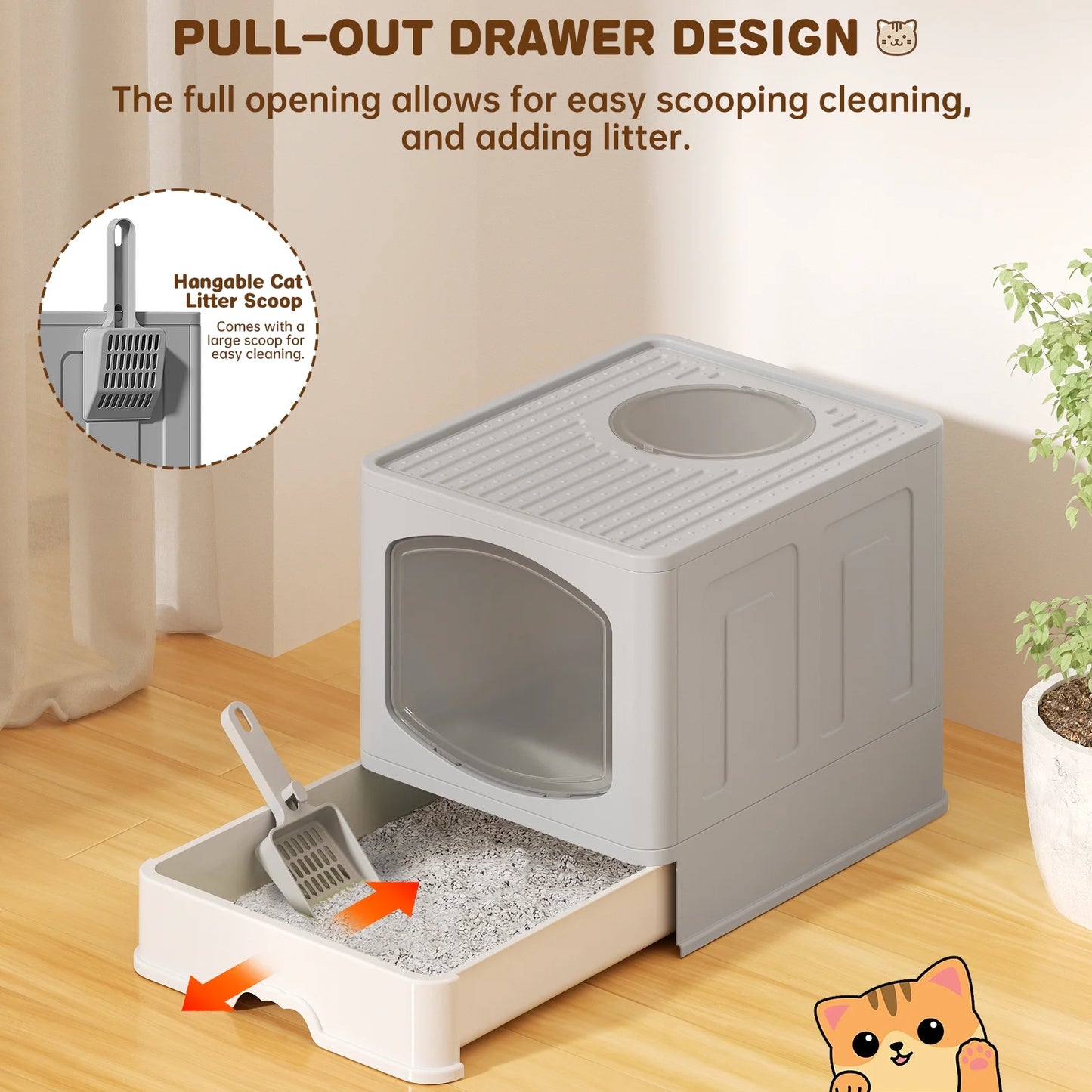 Extra Large Foldable Cat Litter Box with Cat Litter Scoop, Front Entry Top Exit Cat Litter Pan with Lid, Enclosed Anti-Splashing Cat Kitty Litter Box, Drawer Type Cat Litter Easy Cleaning and Scoop