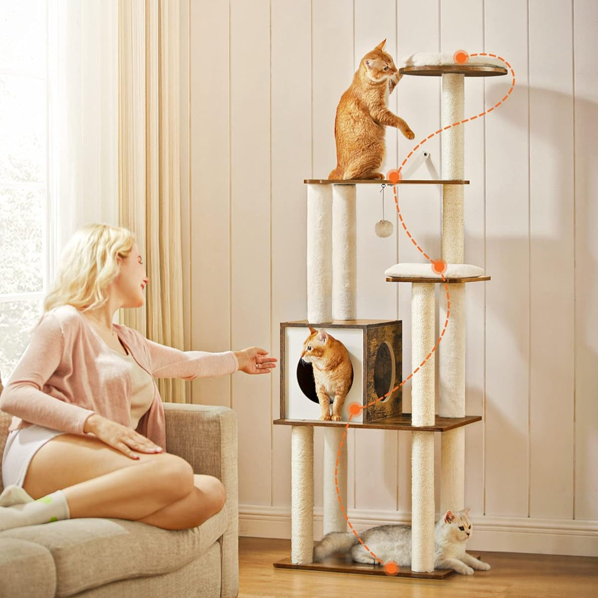 Woodywonders Cat Tree, 65-Inch Modern Cat Tower for Indoor Cats, Multi-Level Cat Condo with 5 Scratching Posts, Perch, Washable Removable Cushions, Cat Furniture, Rustic Brown UPCT166X01