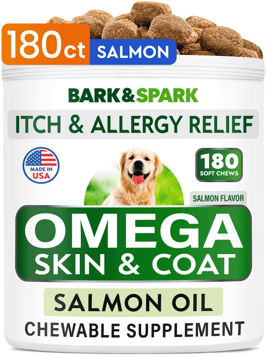 Omega 3 for Dogs - 180 Fish Oil Treats for Dog Shedding, Skin Allergy, Itch Relief, Hot Spots Treatment - Joint Health - Skin and Coat Supplement - EPA & DHA Fatty Acids - Salmon Oil