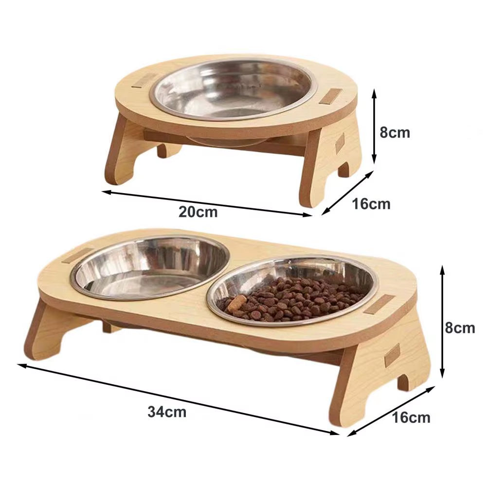 Elevated Pet Bowls Tilted Single/Double Cat Stainless Steel Food Bowls Wooden Dog Water Feeding Container Cat Supplies