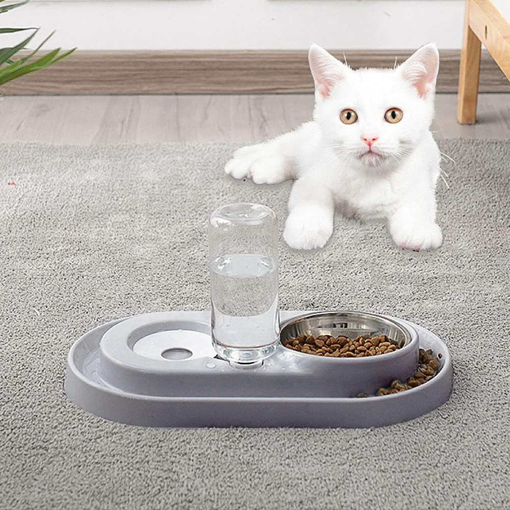 Pet Feeder, Stainless Steel Double Dog Cat Bowls with Automatic Water Dispenser, for Small and Medium Pets, 500Ml, Pink/Blue/Grey