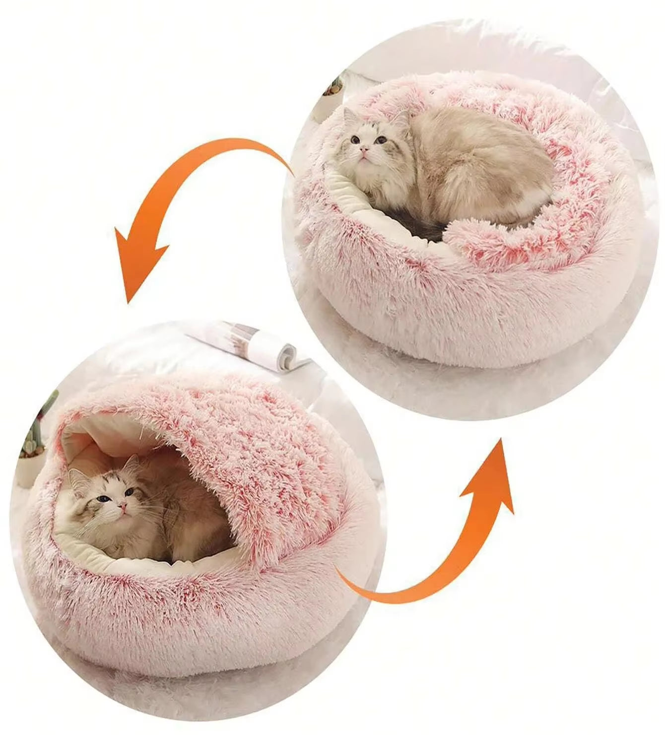 Plush Hooded Pet Bed round Fluffy Soft Cat Bed Pet Cushion Warm Cat Dog 2 in 1 Sleeping Nest Cave for Small Dogs