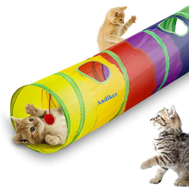 Cat Tunnel, Cat Tubes for Indoor Cats Collapsible Cat Play Toy for Puzzle Exercising Hiding Training and Running with a Red Fun Ball and 2 Holes (25&120Cm) (Colorful)