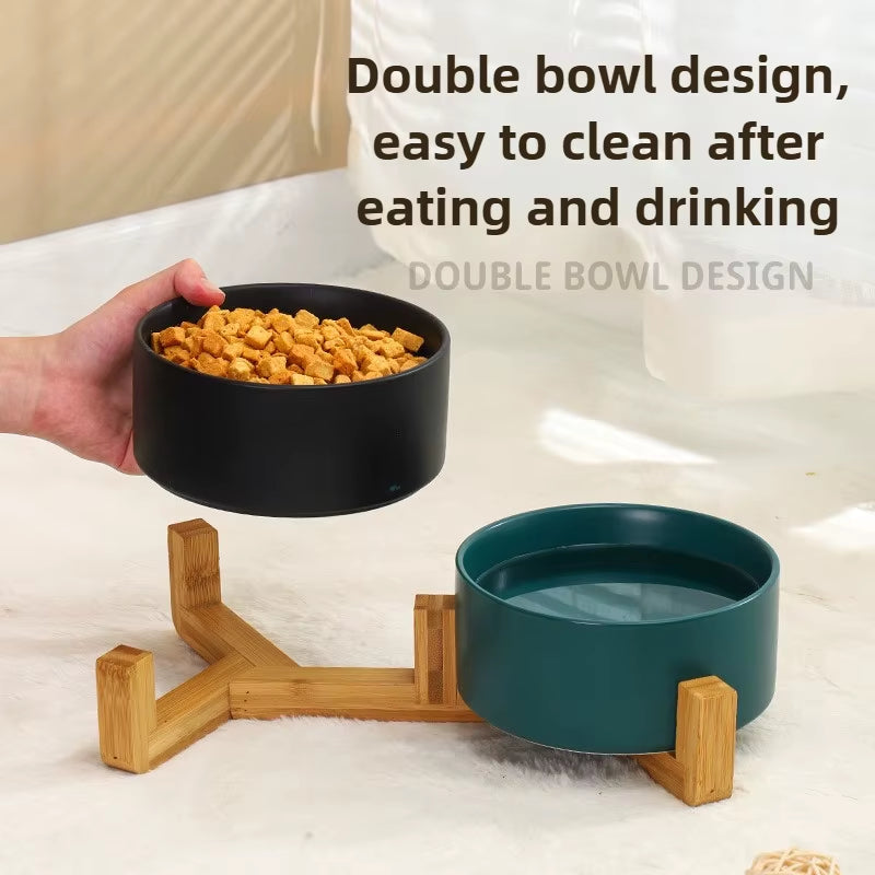 Ceramic Pet Bowl Dish with Wood Stand No Spill Pet Ceramic Double Bowl for Dog Cat Food Water Feeder Cats Small Dogs Pet Bowl